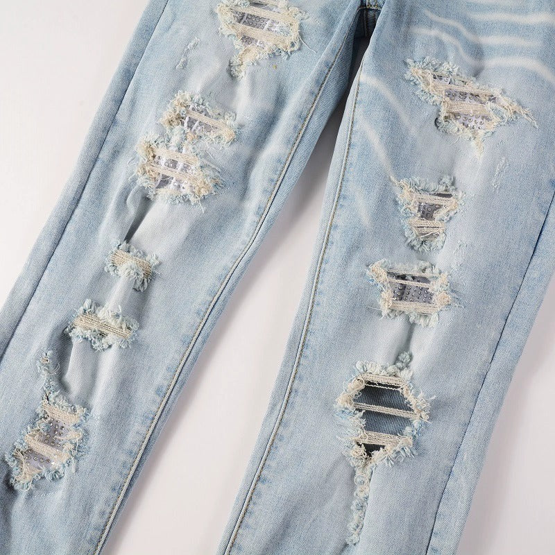 Light Colored Hot Diamond Patch With Holes In Elastic Tight Jeans For Men