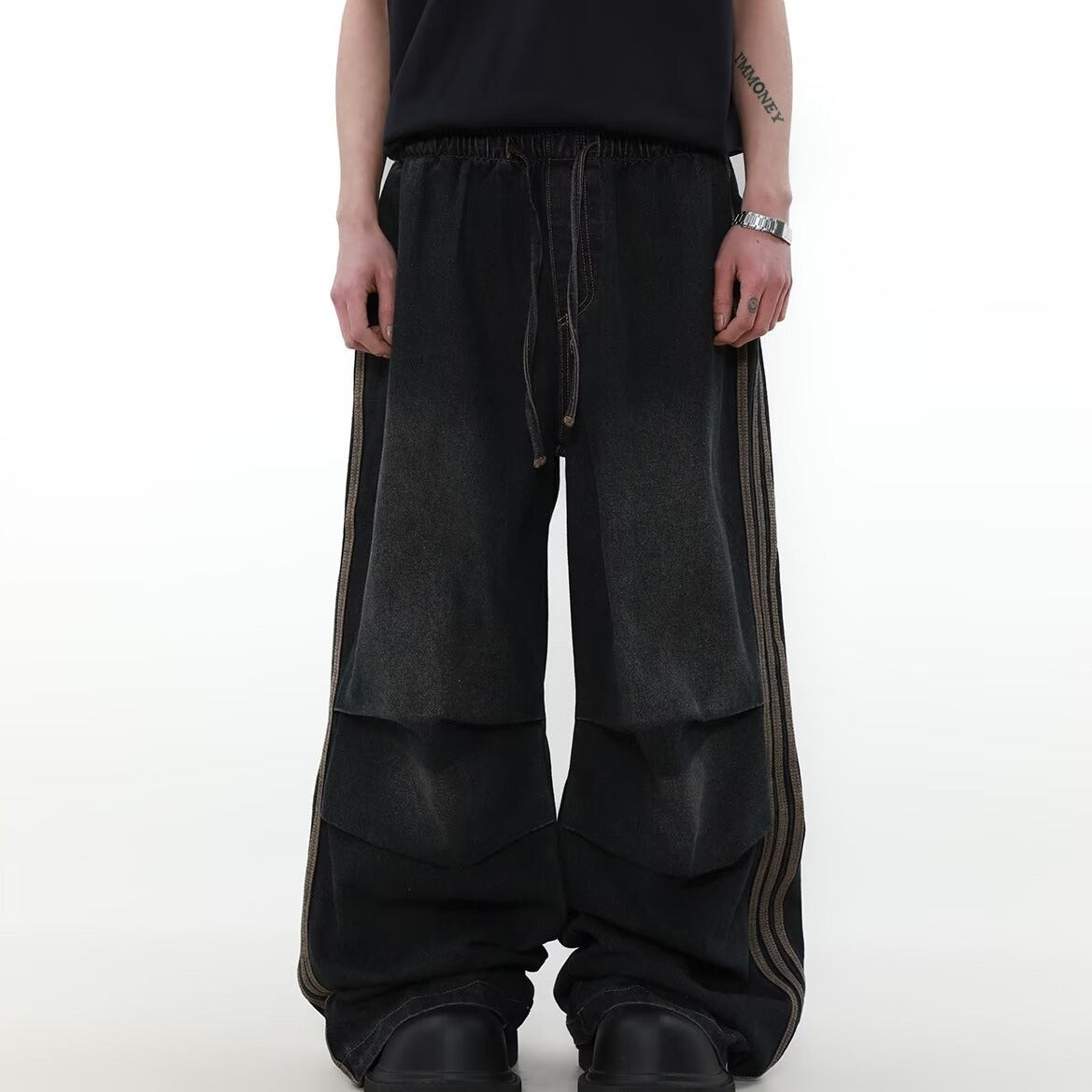 American Pleated Design Sense Niche Striped Wide Leg Straight Jeans Men