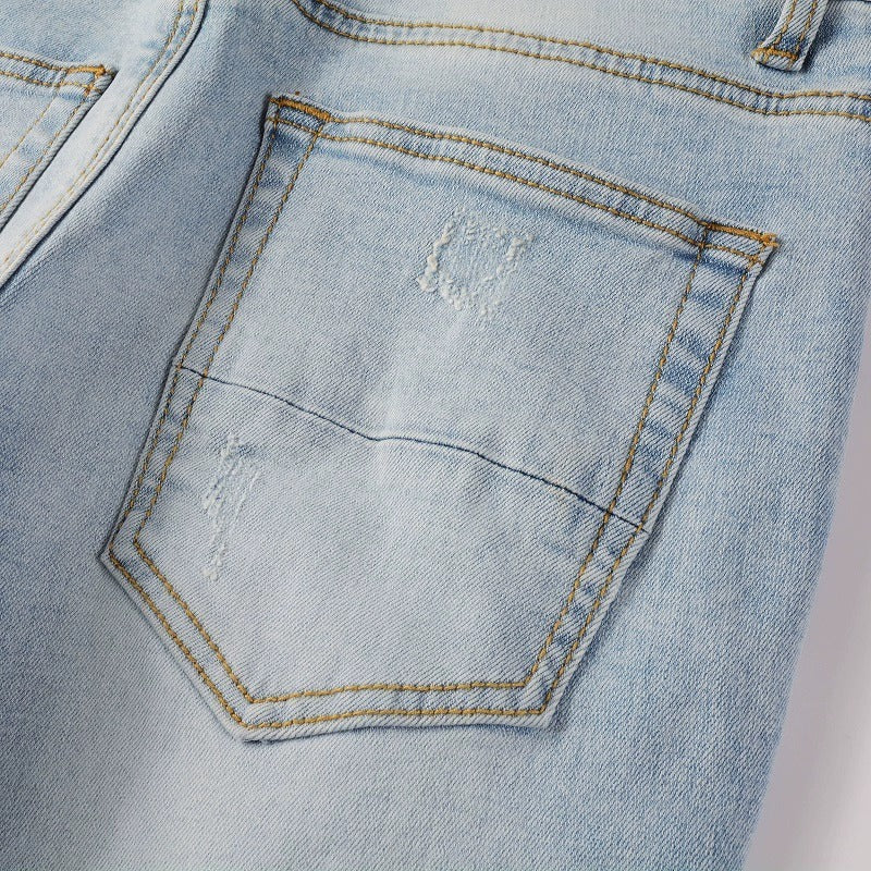 Light Colored Hot Diamond Patch With Holes In Elastic Tight Jeans For Men