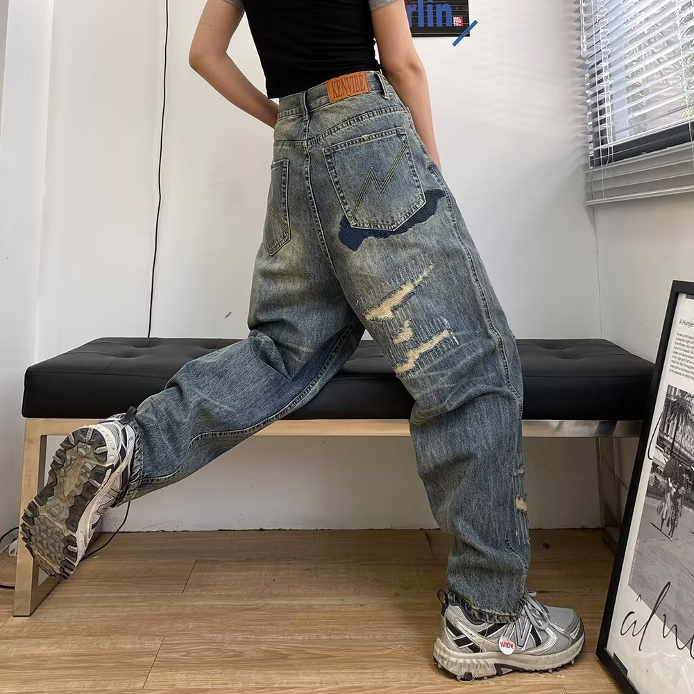 American Retro Loose Washed-out Ripped Jeans For Men