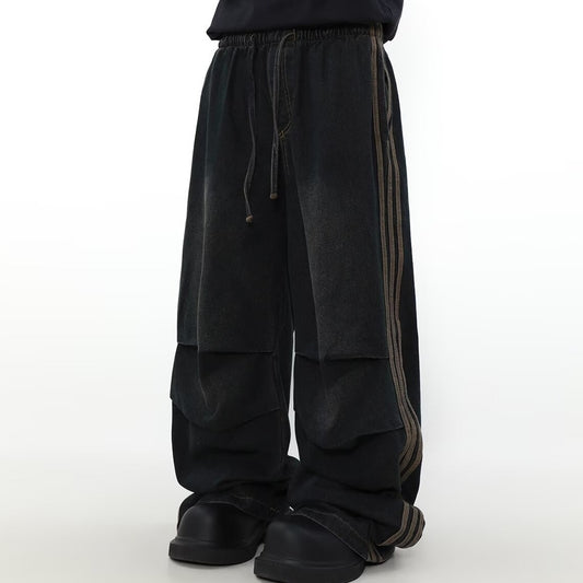 American Pleated Design Sense Niche Striped Wide Leg Straight Jeans Men