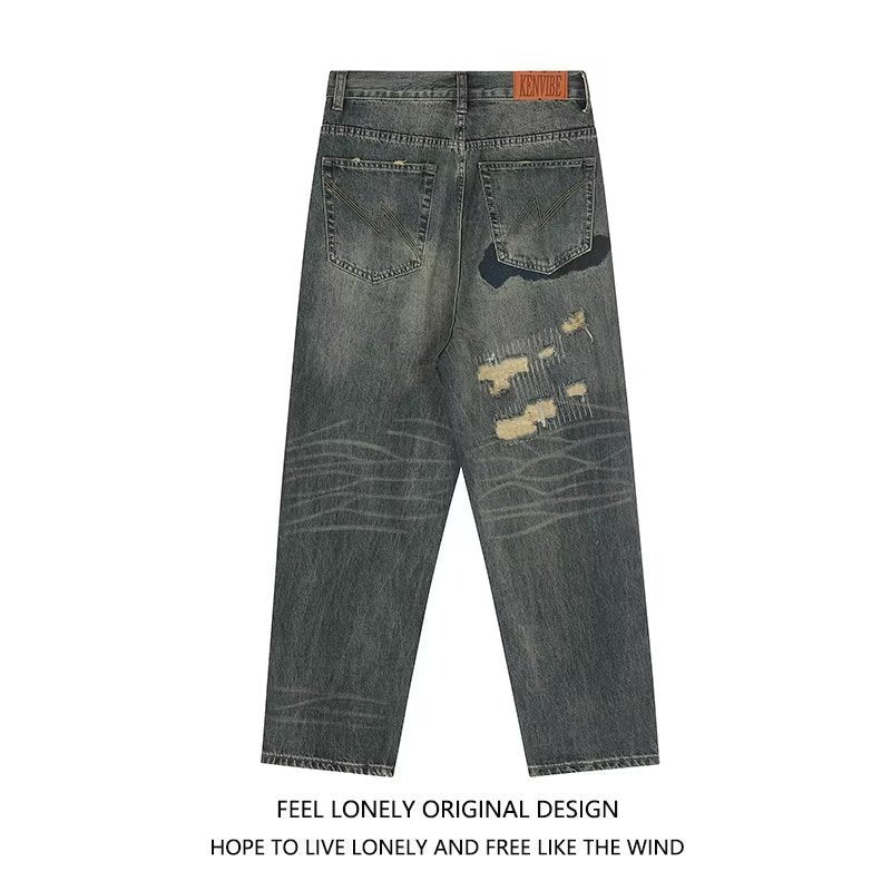 American Retro Loose Washed-out Ripped Jeans For Men