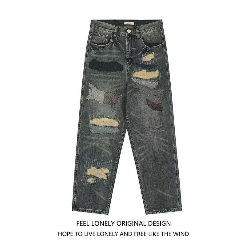 American Retro Loose Washed-out Ripped Jeans For Men
